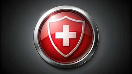 Fototapeta premium Shield icon with a bold red circle and a white cross, symbolizing defense and security against malware, cyber threats, and online viruses.