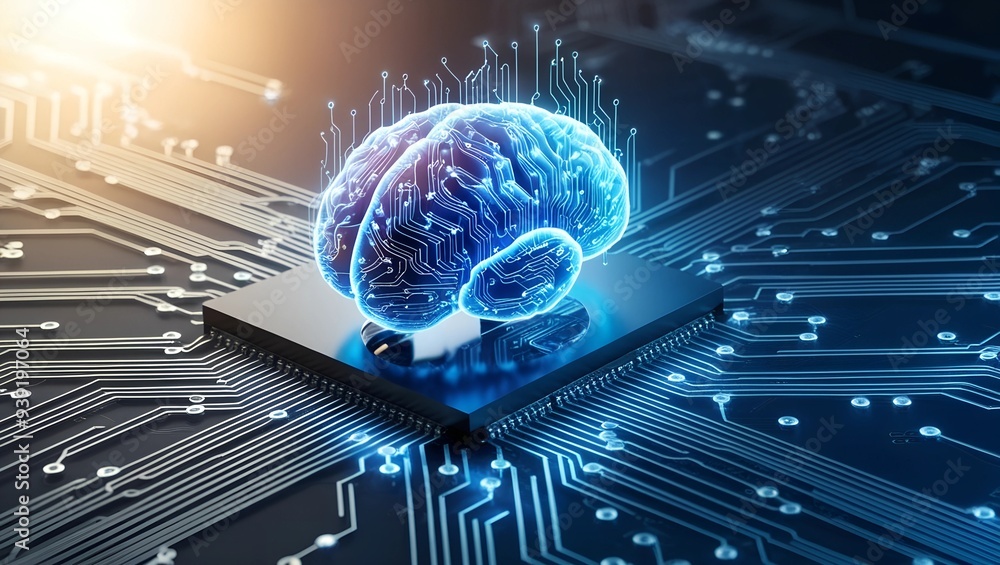 Poster the brain of the machine: a glowing, futuristic brain sits on a computer chip, symbolizing the inter