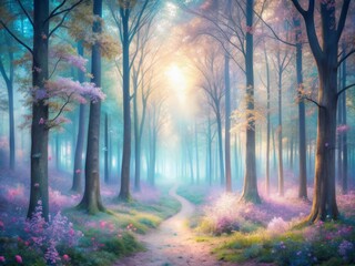 Obraz premium Dreamy Pastel Forest: Ethereal, tranquil, light pastel colors, enchanted woodlands, soft focus