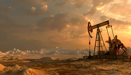 Naklejka premium Oil rig in the desert on a background of a dramatic sky. Symbol of the crisis in the oil industry