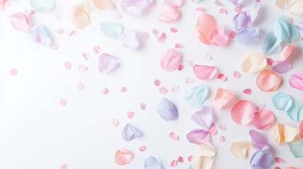 A delicate arrangement of pastel-colored flower petals scattered on a light background.