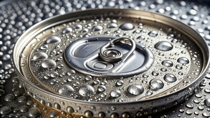 Shiny metal lid separated from refreshing carbonated beverage can, with tiny droplets of condensation and sparkling light reflecting off the crimped edge.
