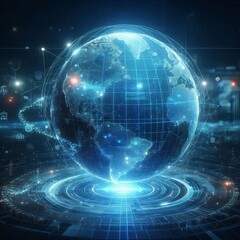 Naklejka premium blue hologram globe with world map with glowing data streams, ai global communication networks, virtual reality simulations, geospatial data visualization, and interactive educational experience. 