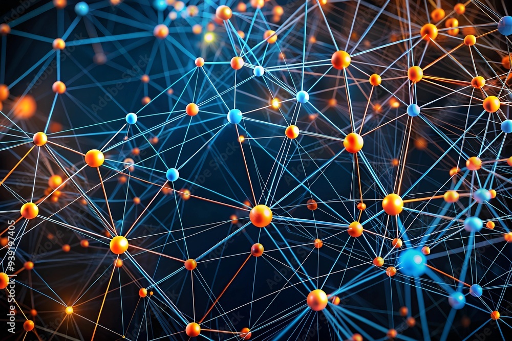 Poster interconnected network: a mesmerizing abstract image with glowing spheres interconnected by a web of