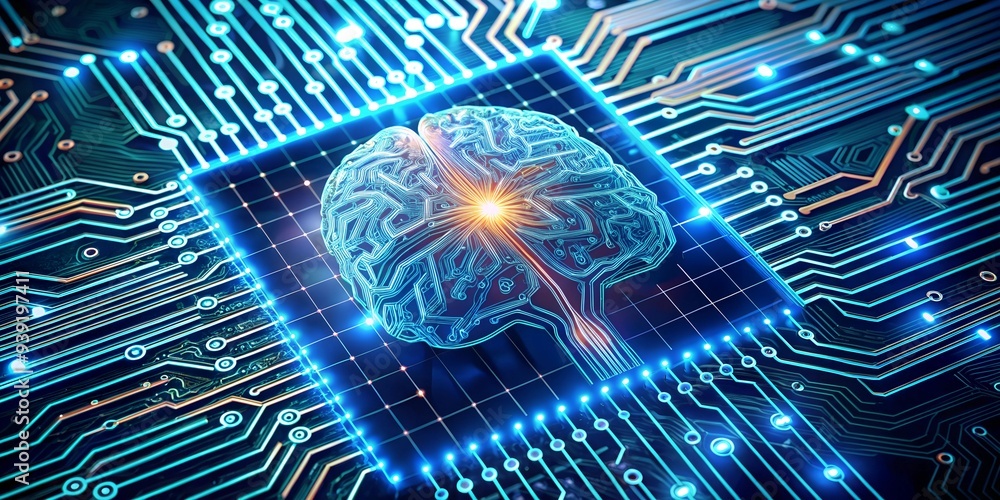 Poster the dawn of artificial thought: a luminous brain pulsates within a complex circuit board, symbolizin