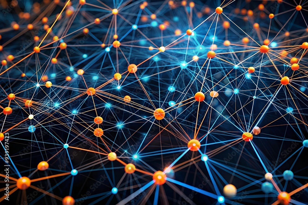 Poster interconnected network: a mesmerizing abstract image with glowing spheres interconnected by a web of