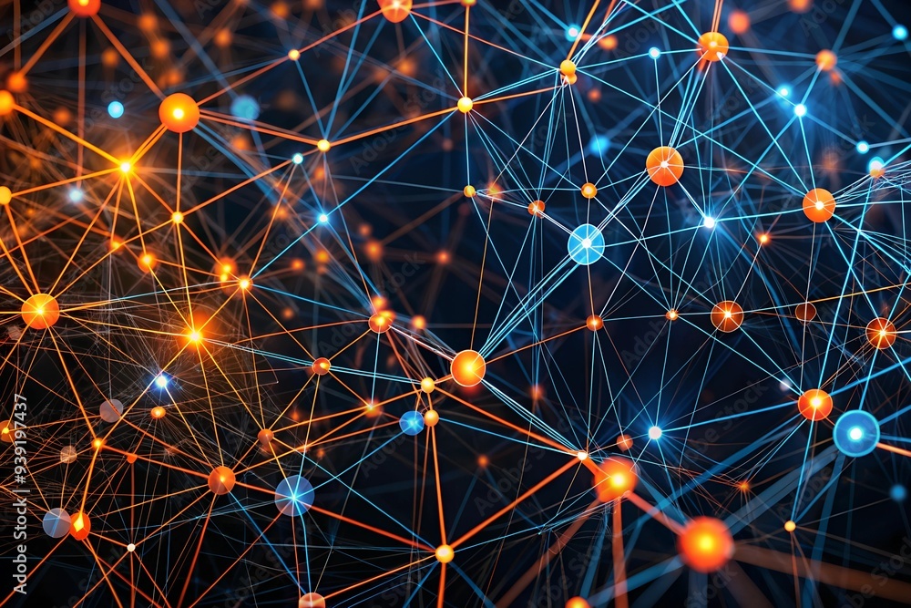 Poster interconnected network: a mesmerizing abstract image with glowing spheres interconnected by a web of