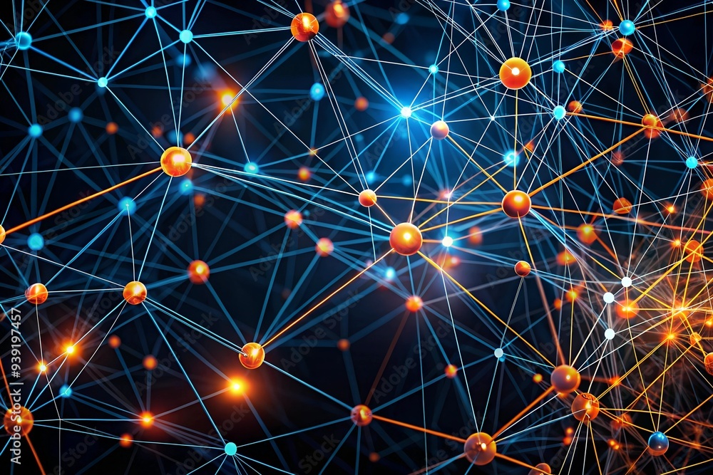 Poster interconnected network: a mesmerizing abstract image with glowing spheres interconnected by a web of