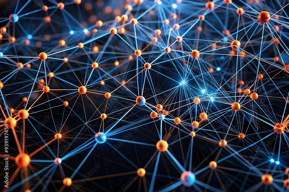 Poster interconnected network: a mesmerizing abstract image with glowing spheres interconnected by a web of