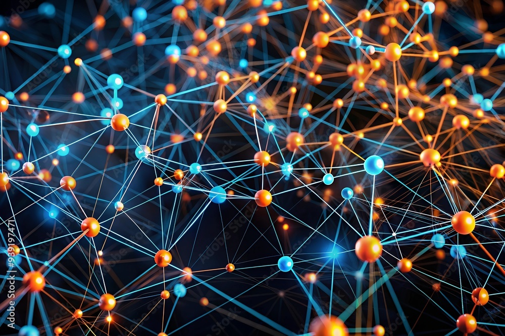 Poster interconnected network: a mesmerizing abstract image with glowing spheres interconnected by a web of