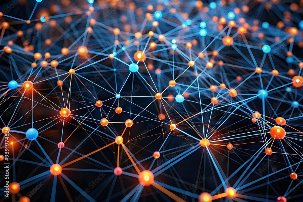 Poster interconnected network: a mesmerizing abstract image with glowing spheres interconnected by a web of