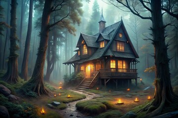 Eerie Forest Dwelling: Mysterious, Spooky, Gothic, Nighttime, Atmospheric