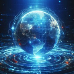 Obraz premium blue hologram globe with world map with glowing data streams, ai global communication networks, virtual reality simulations, geospatial data visualization, and interactive educational experience. 