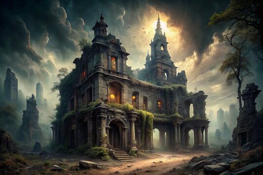 Eldritch Ruin: Deep black, ancient, malevolent, crumbling, decaying, cursed, shadowed