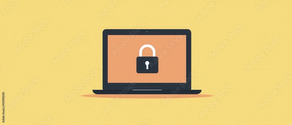 Wall mural Secure Data Privacy Concept with Laptop and Lock Icon on Yellow Background - Digital Security and Protection Illustration