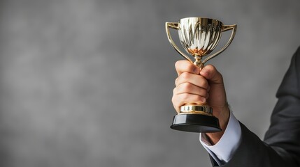 A businessman holds a gold cup symbolizing success and achievements in corporate development