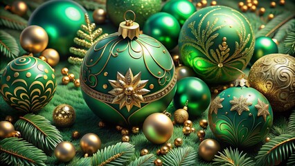 Emerald Yuletide Opulence: Opulent green with intricate Christmas ornaments, gold accents, and festive textures