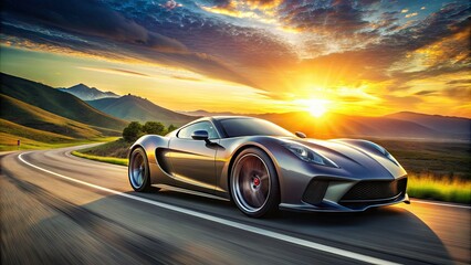 Fototapeta premium Sleek, high-performance sports car with distinctive rear wing and bold alloy wheels speeds down a winding road, sun-kissed and ready for action.