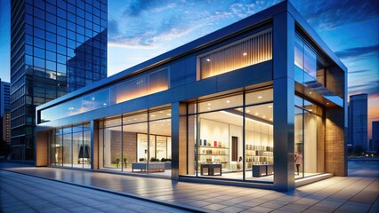 Obraz premium Sleek, minimalist storefront with large glass windows and LED signage displaying product showcases, set against a bright blue sky in a bustling cityscape.