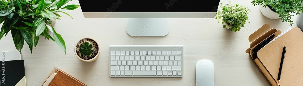 Poster a minimalist workspace with a white computer monitor, a keyboard, and a mouse.