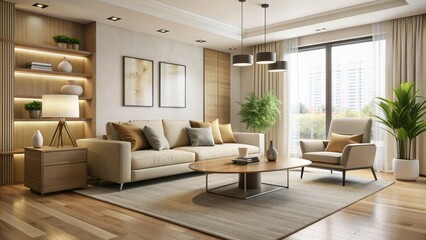Fototapeta premium Sleek, modern living room with cream-colored walls, sparse decor, and a few carefully chosen pieces of furniture arranged for simplicity and functionality.