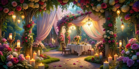 Fototapeta premium Enchanting Floral Haven: Vibrant florals, flowing fabrics, ethereal lighting, romantic mood, painted border