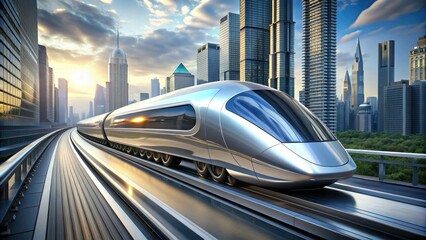 Naklejka premium Sleek, silver bullet-shaped transportation pod zooms through futuristic cityscape, embodying rapid progress and cutting-edge design in a blur of speed and innovation.