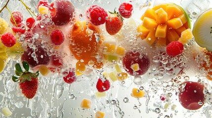 Array of exotic fruits mid-burst