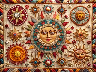 Naklejka premium Ethereal Embroidered Tapestry: Woven textures, intricate embroidery, celestial motifs, warm colors, boho-chic