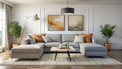 Sleek grey sectional sofa and ottoman pair perfectly with minimalist coffee table, floor lamp, and abstract artwork in a white-walled modern living room setting.