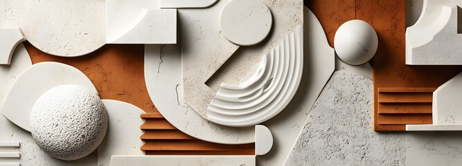 98. Sleek 3D geometric composition featuring intricate shapes and a textured circle ceramic backdrop