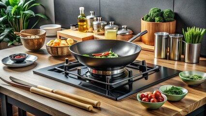 Sleek modern gas stovetop features a large black wok sitting atop a burner, surrounded by ingredients and utensils, ready for a culinary creation.