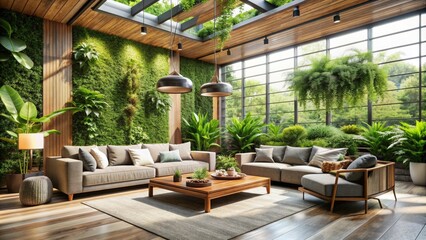 Fototapeta premium Sleek modern living room with lush green plants, reclaimed wood accents, and natural lighting, blurring the lines between indoor and outdoor wellness spaces.