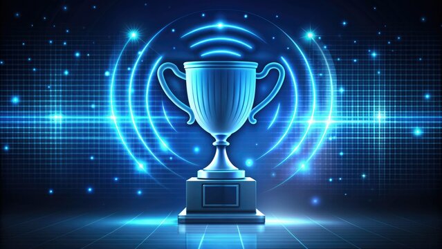 Sleek modern trophy icon with a glowing screen and wifi signal, symbolizing online competitions and digital awards with a futuristic and technological feel.