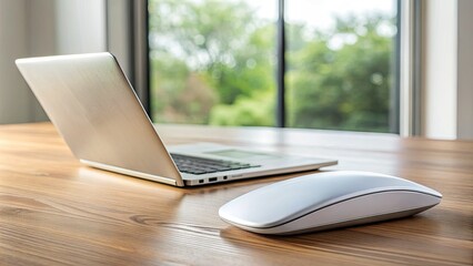 Sleek silver laptop and white cordless computer mouse situated on a modern wooden desk against a blurred white background, emphasizing minimalism and productivity.