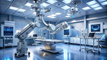 Sleek silver robotic arm with surgical instruments extends from futuristic medical device, surrounded by monitors and wires in a sterile hospital operating room environment.