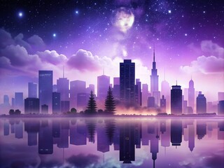 Ethereal Skyline: Dreamlike, Airy, Silhouetted, Lavender, Night
