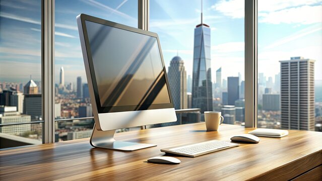 Sleek silver computer sitting at a 45-degree angle on a modern wooden desk, surrounded by minimalistic office supplies and a blurred cityscape background.
