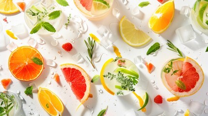 Dynamic burst of cocktail ingredients from citrus slices to herbs