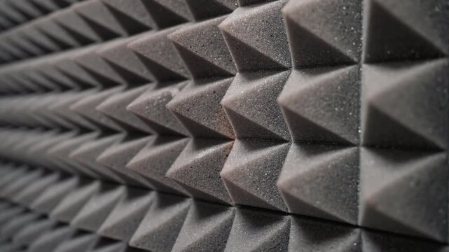 Close-up of acoustic foam panels with a pyramid shape, designed to absorb sound waves, reduce echo, and control sound reflections in a studio environment