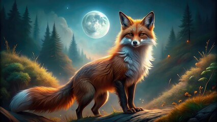 Sly and seductive, a fiery-orange fox with piercing green eyes and fluffy bushy tail poses dramatically against a moonlit, misty forest landscape backdrop.