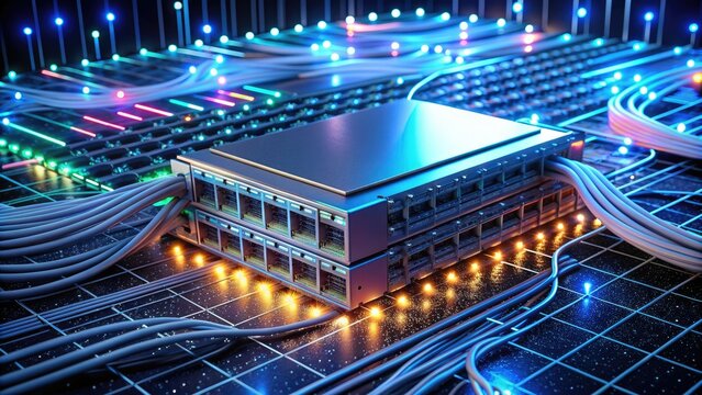 Small network switch with blinking LED lights and wires connected to a server, surrounded by futuristic circuits and data lanes on a dark background.