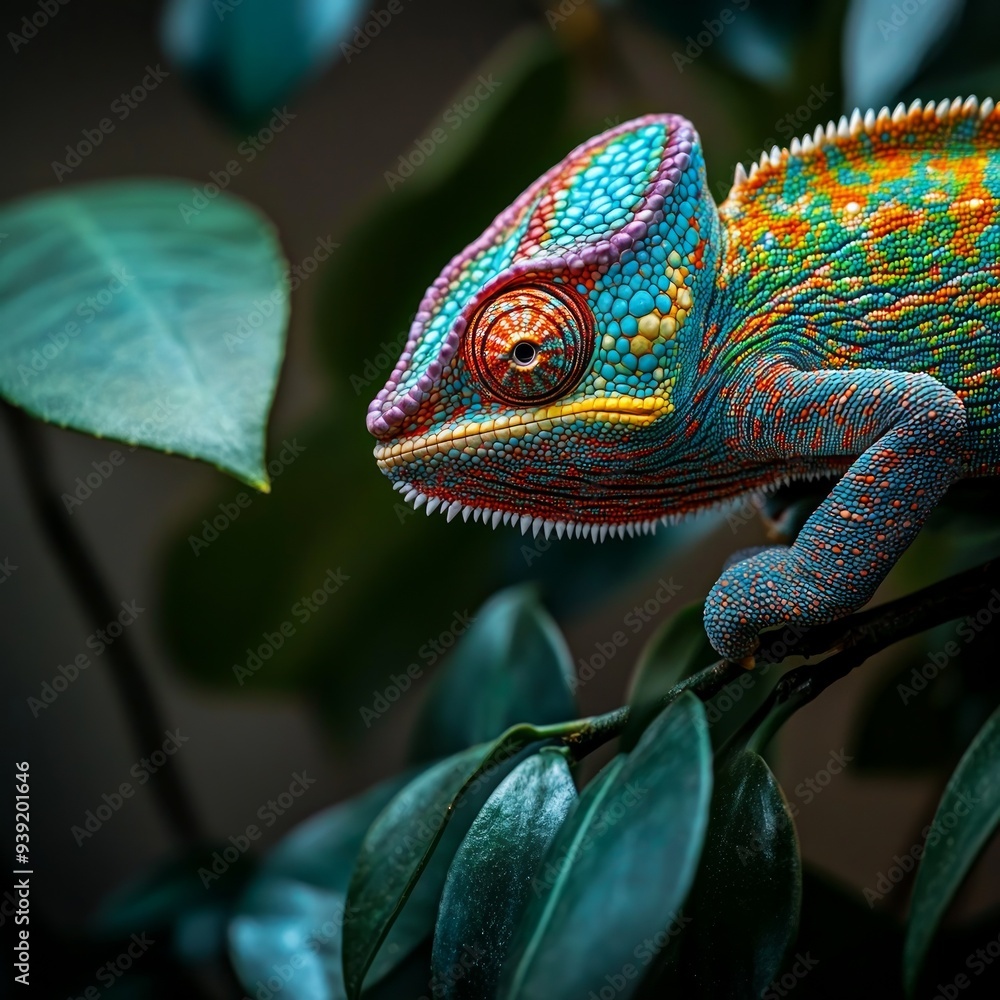Poster a striking image of a vividly colored chameleon cautiously navigating a leafy branch, showcasing its