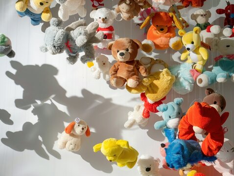 Whimsical display of assorted plush toys tossed into the air