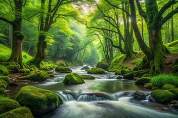 Fototapeta premium - Forest Rhapsody: Verdant greens, flowing rivers, ancient trees, soulful harmonies