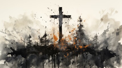 A cross is painted on a black background with splatters of orange paint