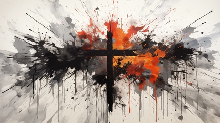 Fototapeta premium A painting of a cross with splatters of paint around it