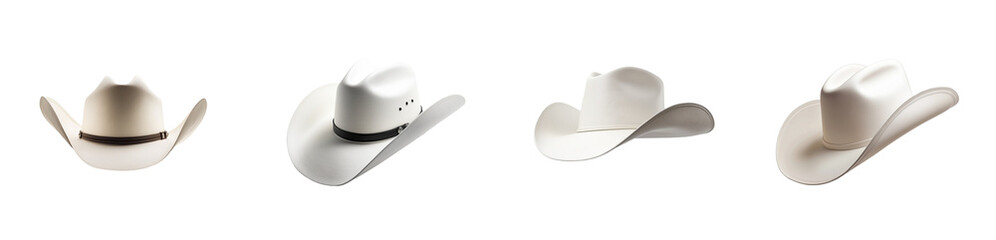 Set of western classic white cowboy or cowgirl hats isolated against a Transparent background PNG.