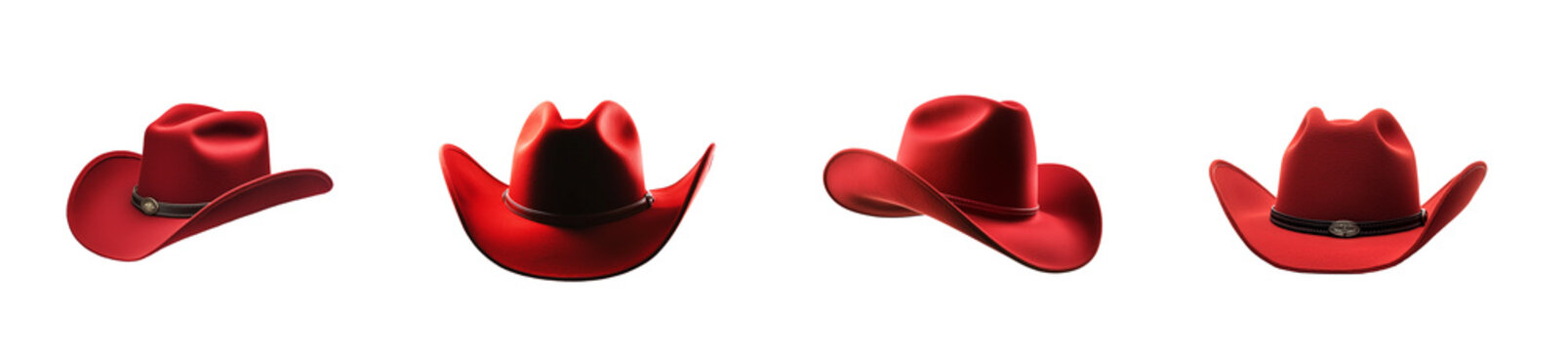 Set of western classic red cowboy or cowgirl hats isolated against a Transparent background PNG.