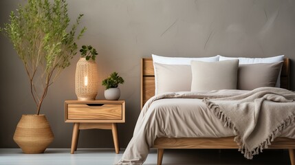 A bedroom with a bed, nightstand, and a potted plant